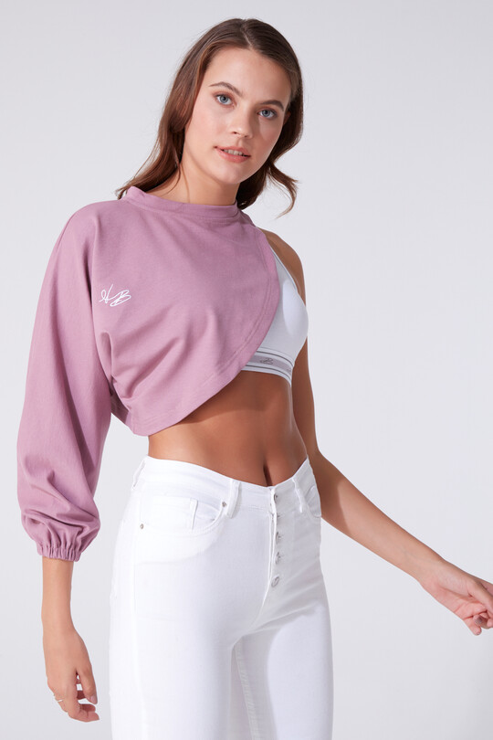 Asymmetrisch geschnittener Sweatshirt-Oberteil mit langen Ärmeln in Altrosa 