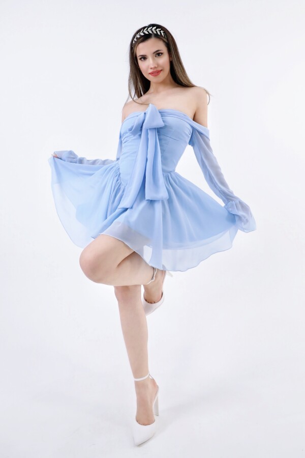 BABY BLUE FRONT-TIE LONG SLEEVE CHIFFON MINI DRESS - 1