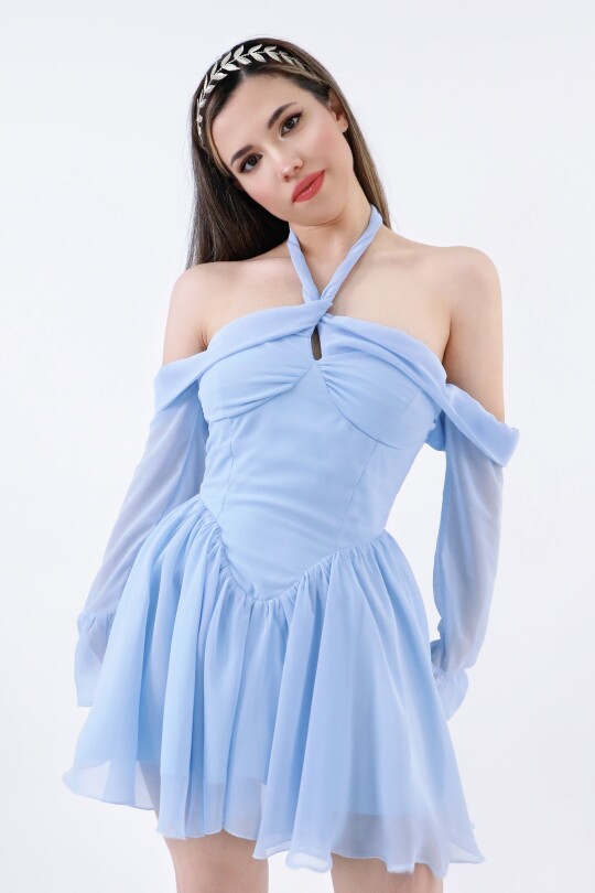 BABY BLUE FRONT-TIE LONG SLEEVE CHIFFON MINI DRESS - 5