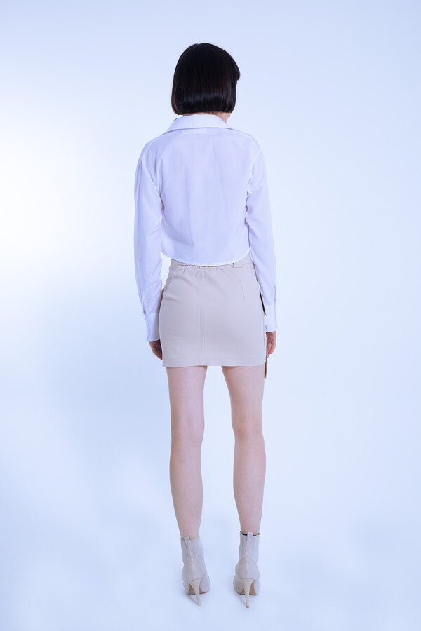 Beige high-waist mini skirt with D-ring belt and pockets - 5