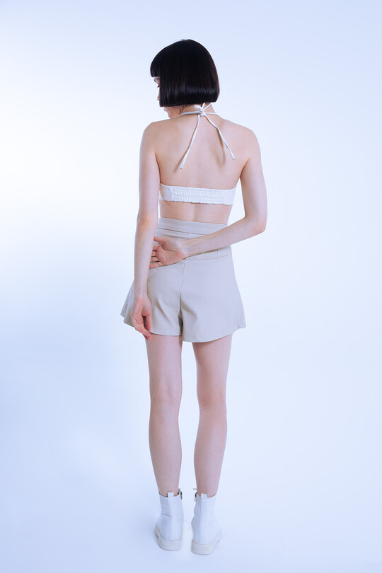 Beige Leather Pleated Front Low Waist Skort with Back Shorts - 4