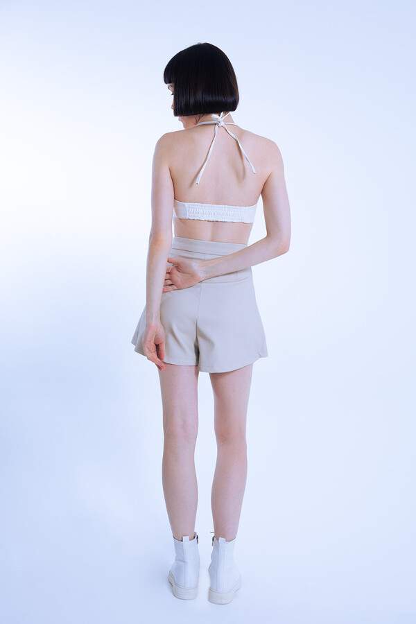 Beige Leather Pleated Front Low Waist Skort with Back Shorts - 4