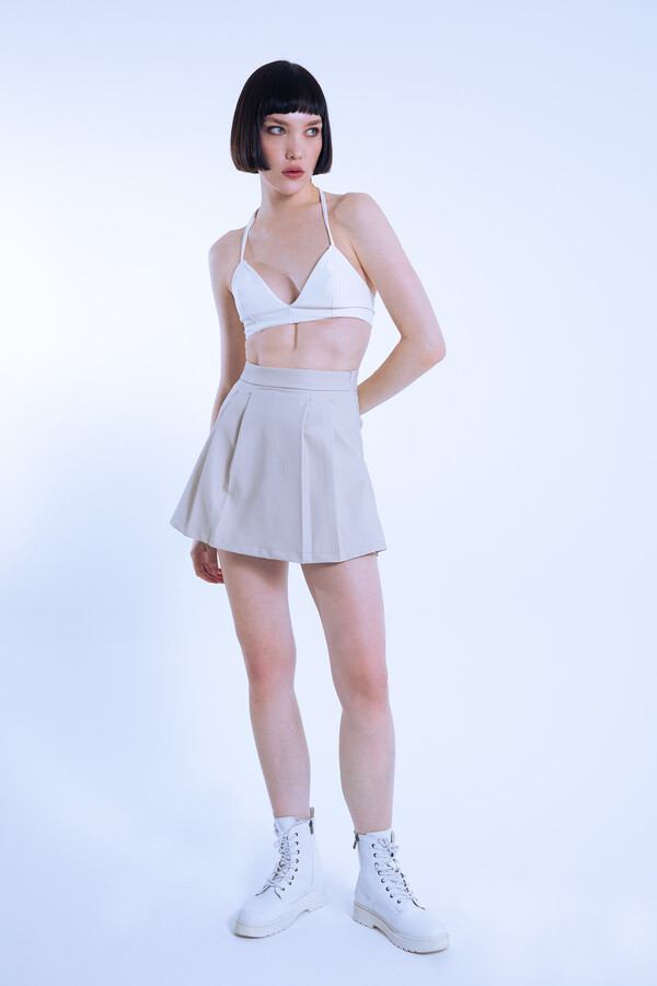 Beige Leather Pleated Front Low Waist Skort with Back Shorts - 1