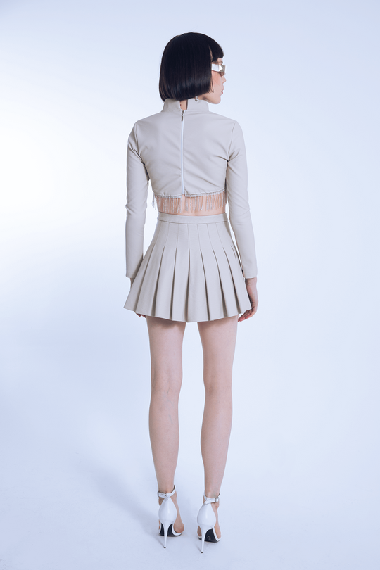 Beige long-sleeve leather blouse with embellished hem - 3