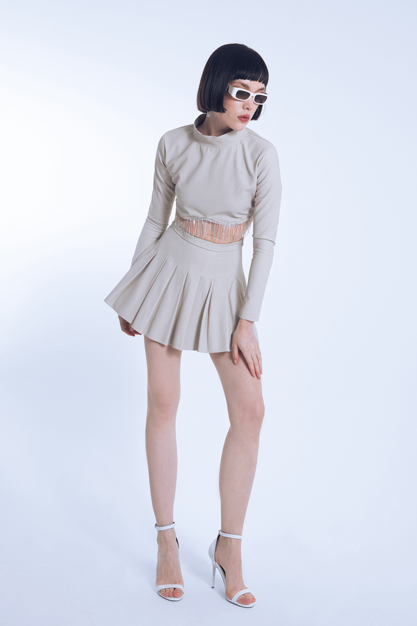 Beige long-sleeve leather blouse with embellished hem - 2