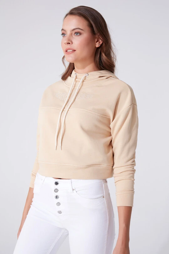 Beigefarbenes kurzes Sweatshirt mit Kapuze - 1