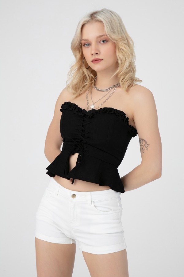 BLACK BACK ELASTIC FRONT TIE-FRONT BUSTIER - 1