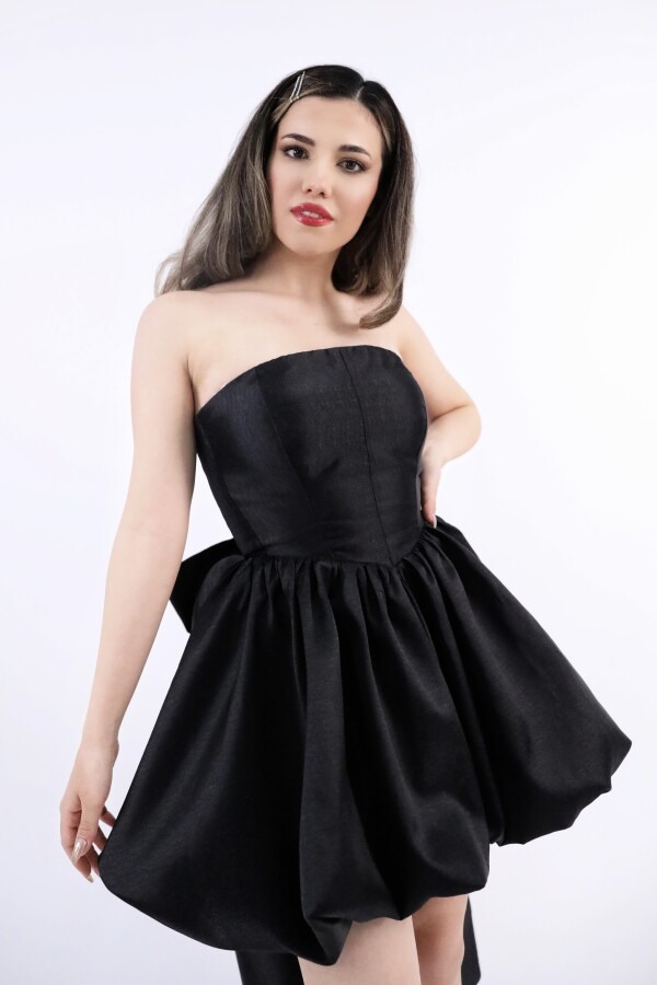 BLACK BACK-TIED STRAPLESS TAFFETA DRESS - 4