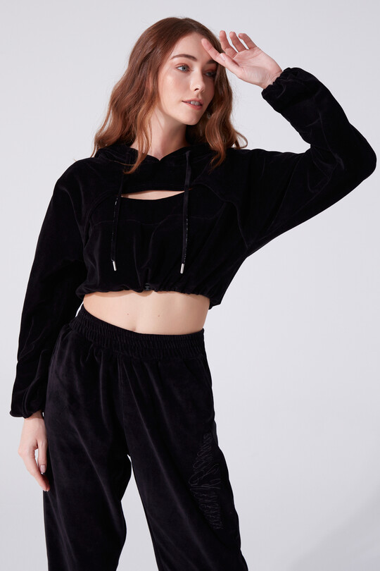 CHEST DETAILED HOODED SWEATSHIRT BLACK - 2