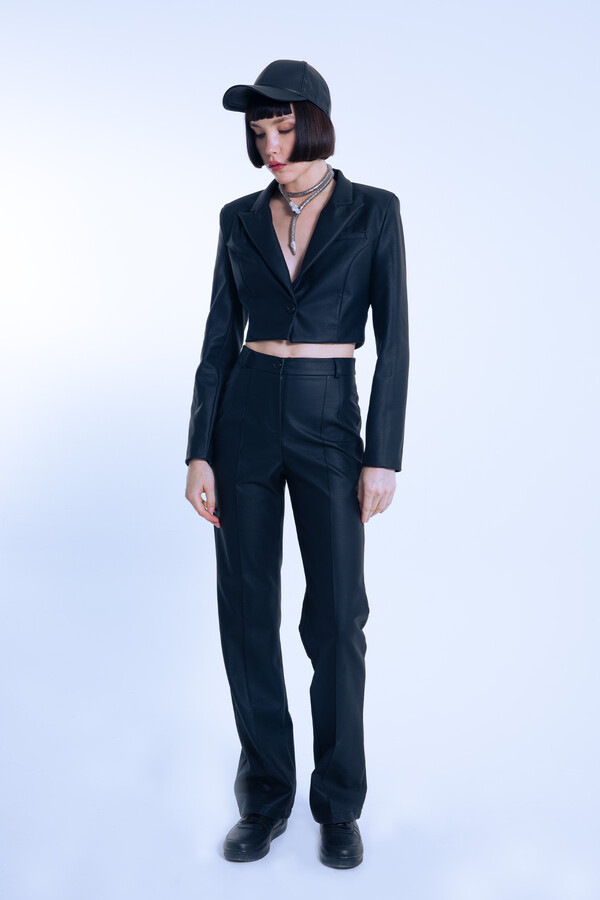 Black Classic Leather Pants with Front Stitching - 1