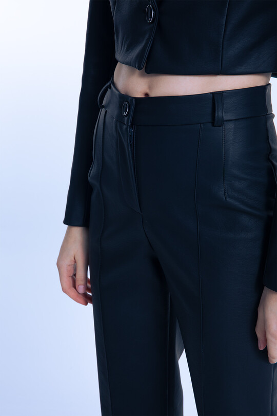 Black Classic Leather Pants with Front Stitching - 3
