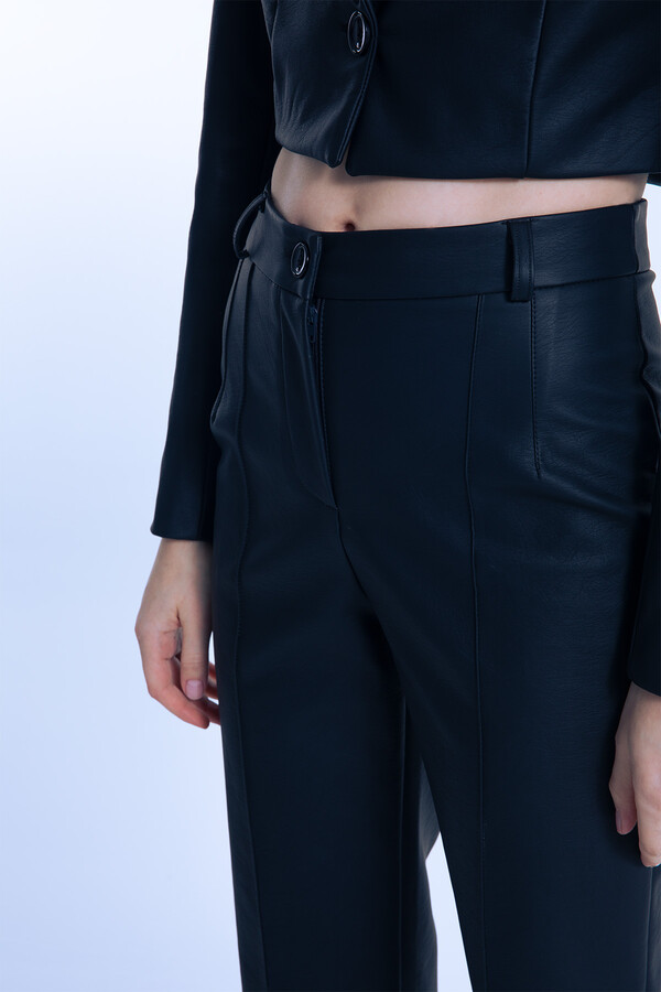 Black Classic Leather Pants with Front Stitching - 3