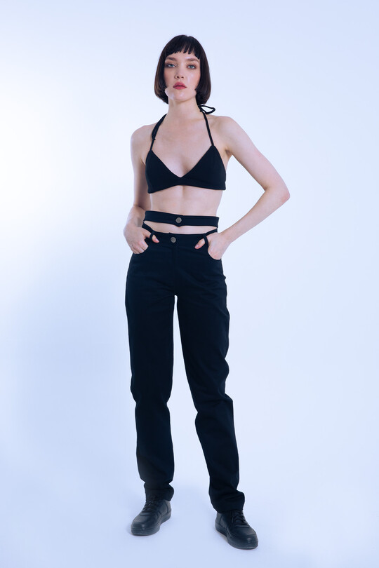 Black Double Belt Waist Detail Pants 