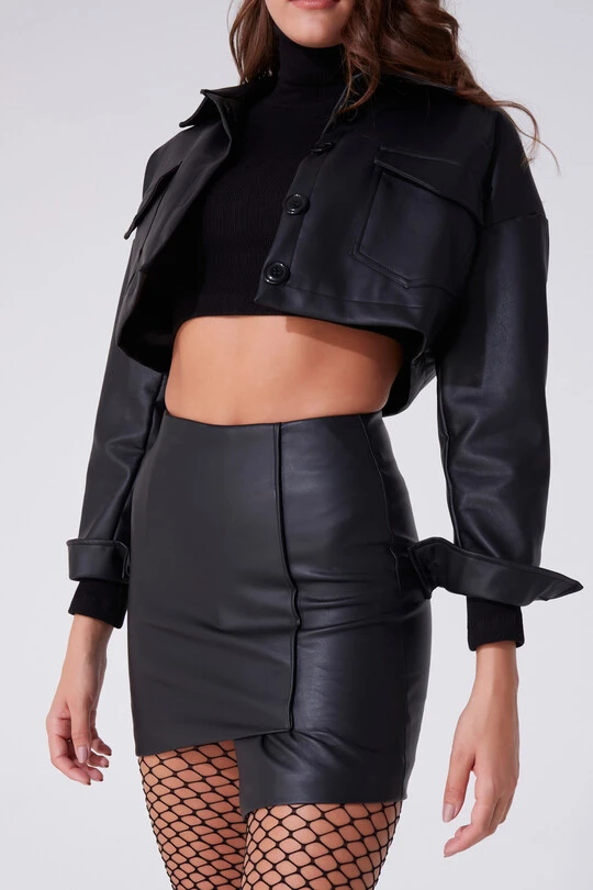 BLACK LEATHER ASYMMETRIC CUT MINI SKIRT - 2