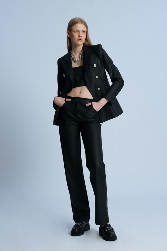 BLACK FLAT LEG LEATHER TROUSERS - BERFUĞ KIRAN