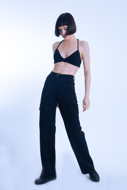 Black High Waist Wide Leg Cargo Pants 