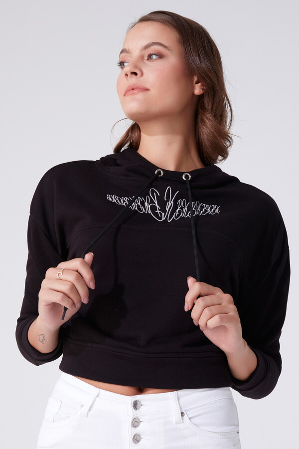 BLACK HOODED CROP SWEATSHIRT - 1