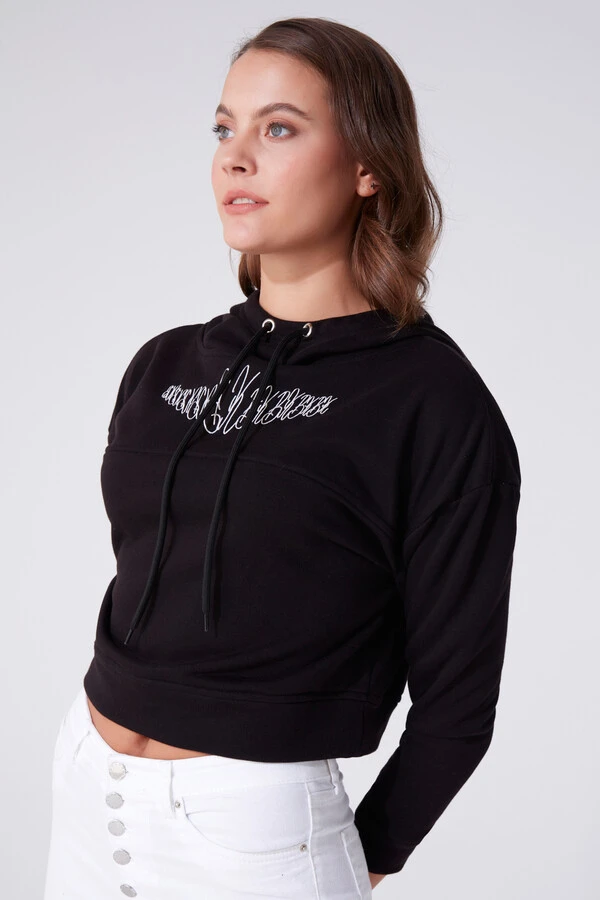 BLACK HOODED CROP SWEATSHIRT - 2