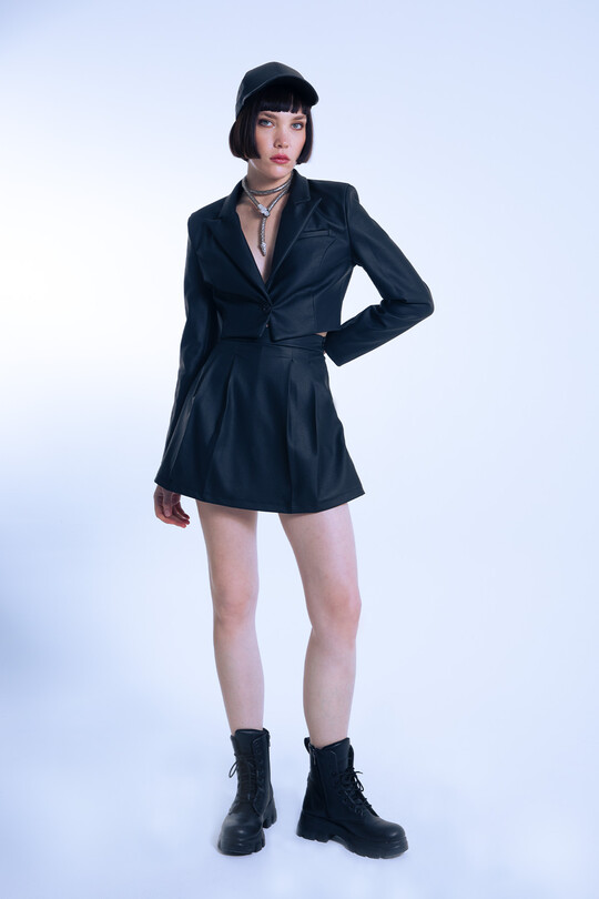Black Leather Pleated Front Low Waist Skort with Back Shorts 