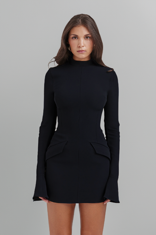 BLACK LONG SLEEVE DRESS WITH POCKET DETAIL – HÜRREM FABRIC - 2