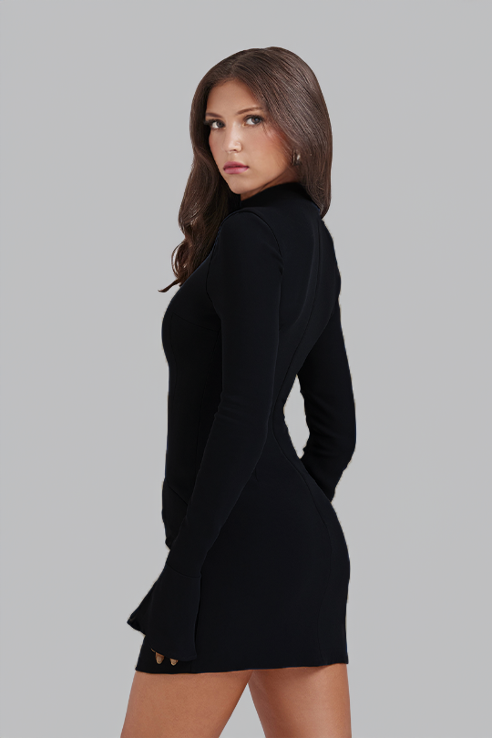 BLACK LONG SLEEVE DRESS WITH POCKET DETAIL – HÜRREM FABRIC - 3