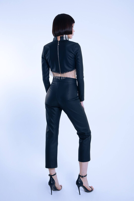 Black long-sleeve leather blouse with embellished hem - 4