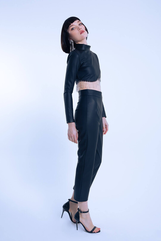Black long-sleeve leather blouse with embellished hem - 2