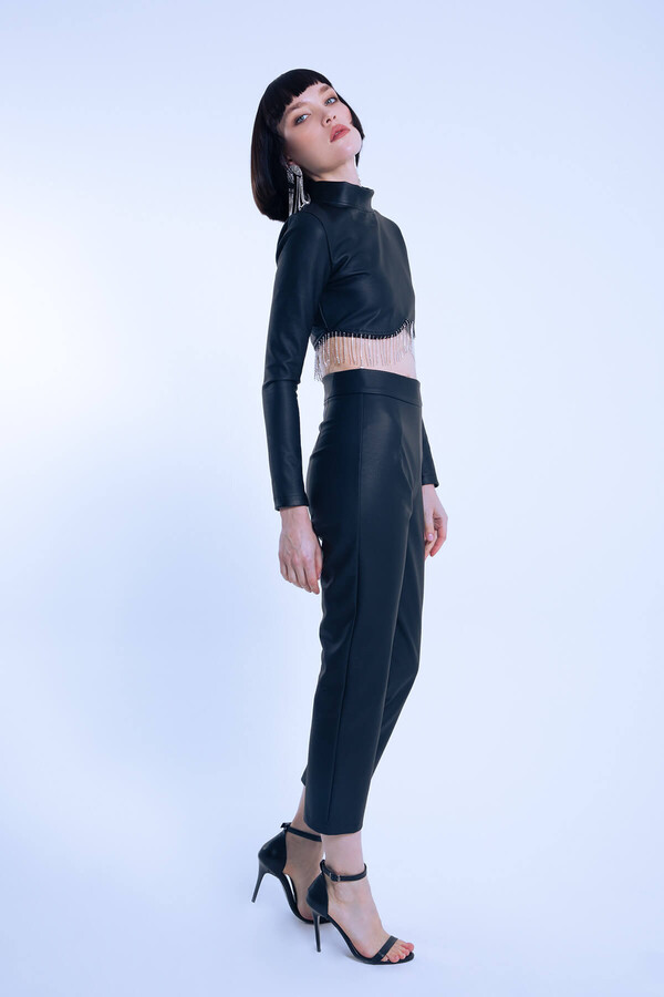 Black long-sleeve leather blouse with embellished hem - 2