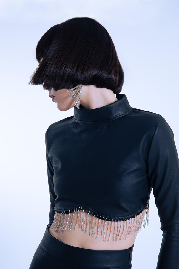 Black long-sleeve leather blouse with embellished hem - 3