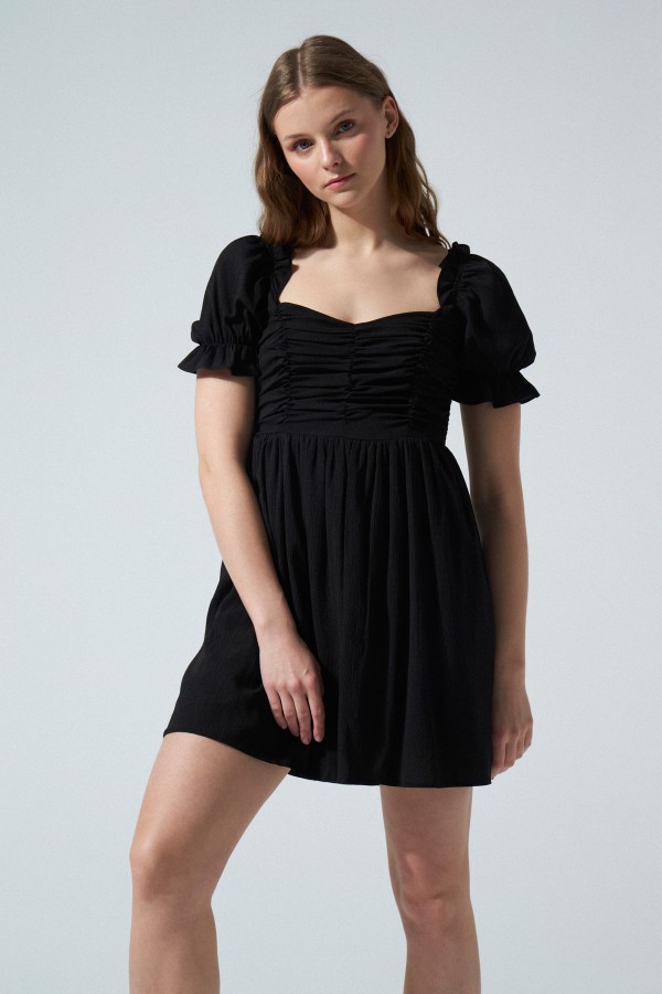 Black Puff Sleeve Ruched Bust Draped Short Dress - 2