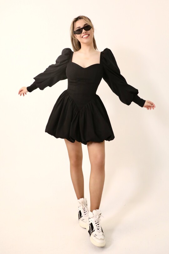 BLACK PUFF-SLEEVED HÜRREM MINI DRESS - 4