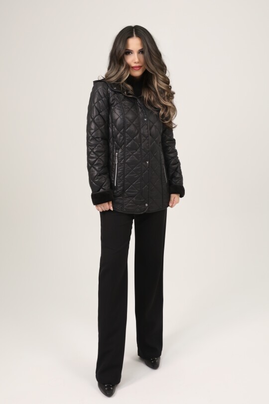 Black Quilted Hooded Jacket with Fleece Lining - 4