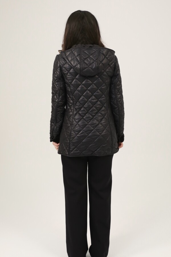 Black Quilted Hooded Jacket with Fleece Lining - 5