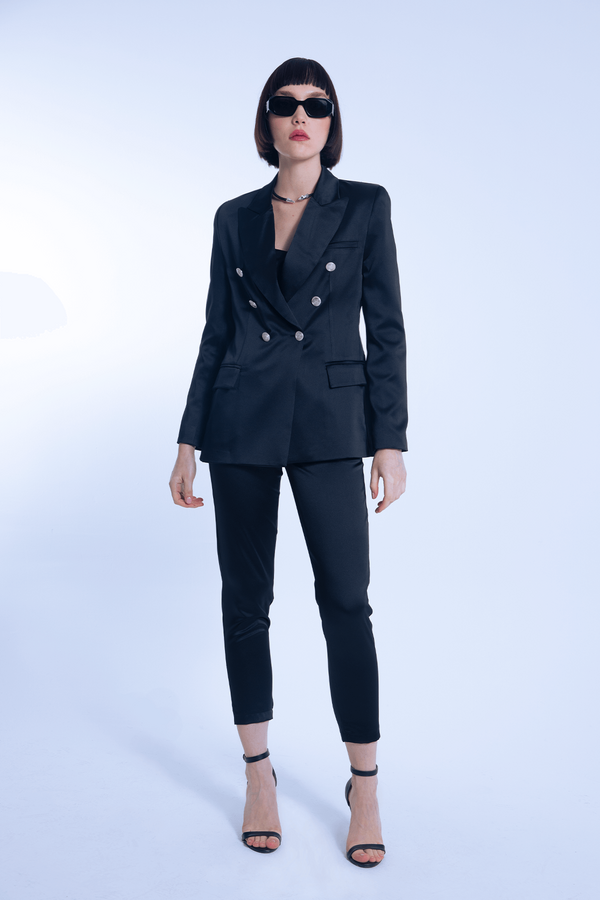 BLACK SATIN DOUBLE-BREASTED WAIST-FITTED BLAZER - 2