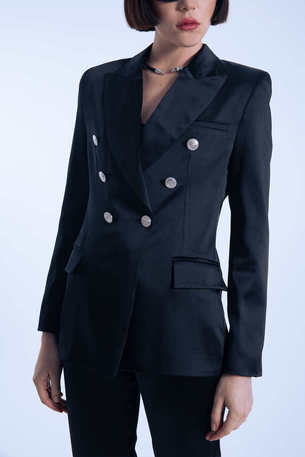 BLACK SATIN DOUBLE-BREASTED WAIST-FITTED BLAZER - 3