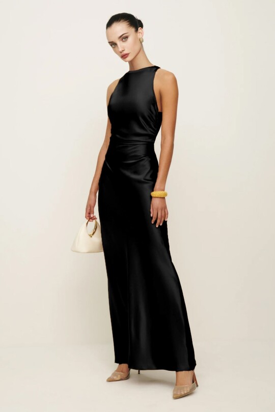 Black satin evening dress with crisscross open back - BERFUĞ KIRAN