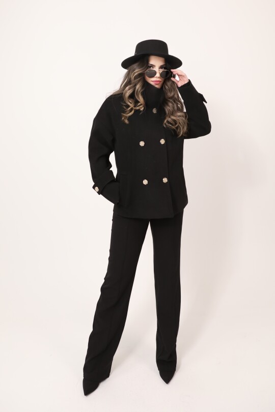 BLACK SHORT WOOL COAT WITH FAUX FUR COLLAR - BERFUĞ KIRAN