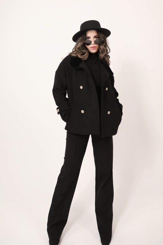 BLACK SHORT WOOL COAT WITH FAUX FUR COLLAR - 2