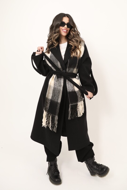 BLACK SOFT TEXTURE SQUARE PATTERN SHOULDER SHAWL - 4
