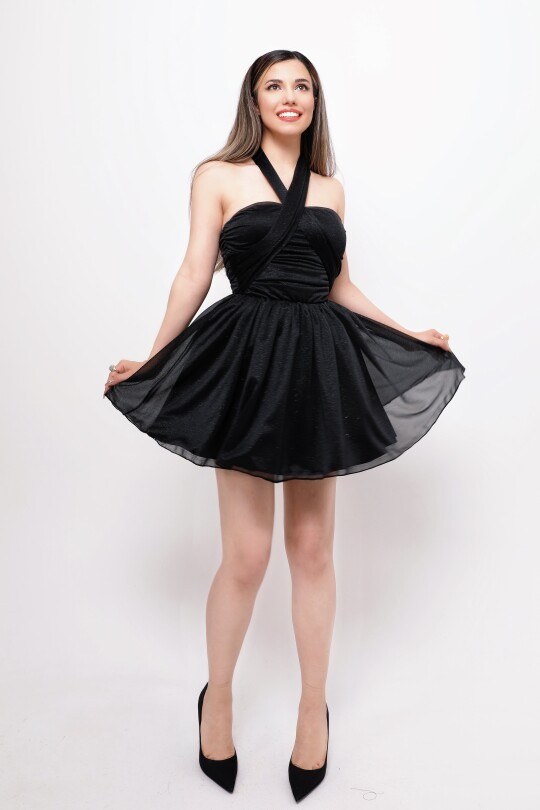 BLACK STRAPLESS GLITTER MINI DRESS WITH WAIST TIE - 3