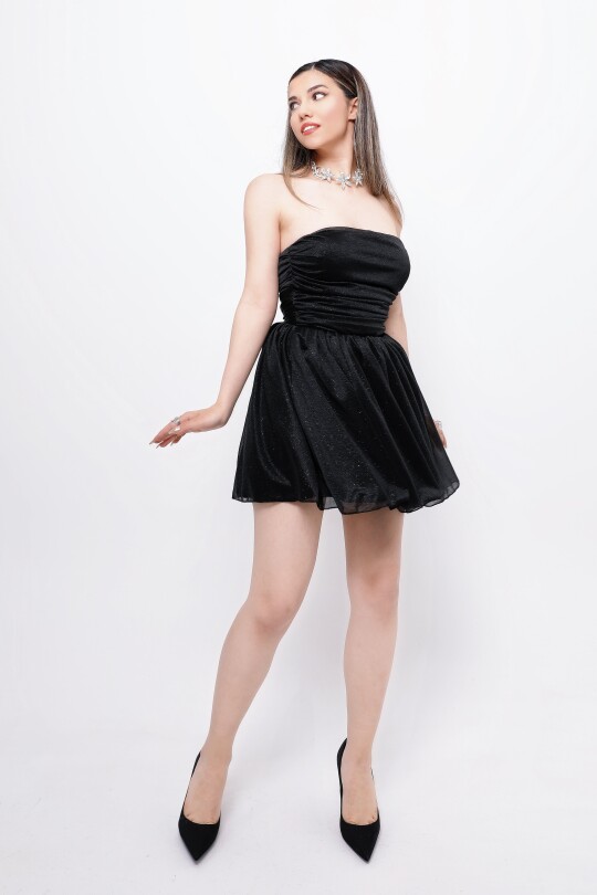 BLACK STRAPLESS GLITTER MINI DRESS WITH WAIST TIE - 5