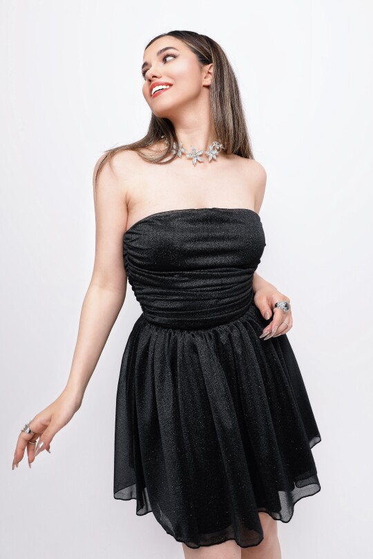 BLACK STRAPLESS GLITTER MINI DRESS WITH WAIST TIE - 6