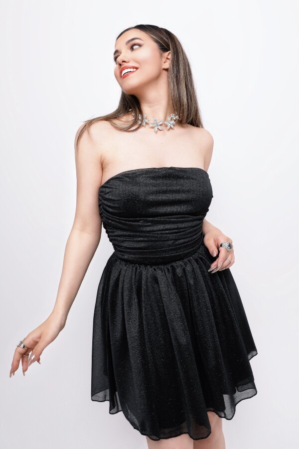 BLACK STRAPLESS GLITTER MINI DRESS WITH WAIST TIE - 6