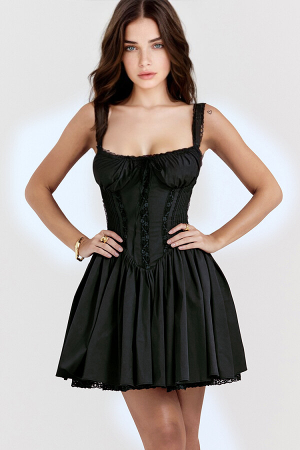 BLACK STRAPPY DRESS WITH SHIRT ON THE BREAST AND LACE DETAILED DRESSBL - 2