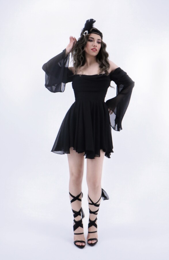 BLACK STRAPPY LONG-SLEEVE RUFFLED CHIFFON DRESS - 4
