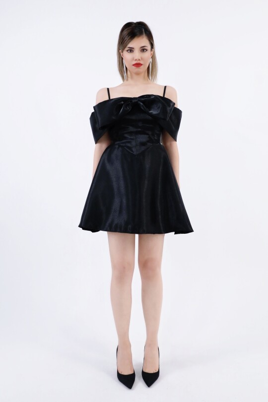 BLACK STRAPPY MINI DRESS WITH FRONT BOW - 2