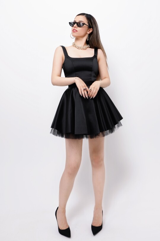 BLACK STRAPPY MINI SATIN DRESS WITH TULLE HEM DETAIL 