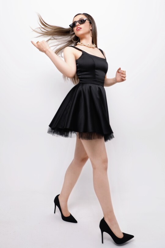 BLACK STRAPPY MINI SATIN DRESS WITH TULLE HEM DETAIL - 2
