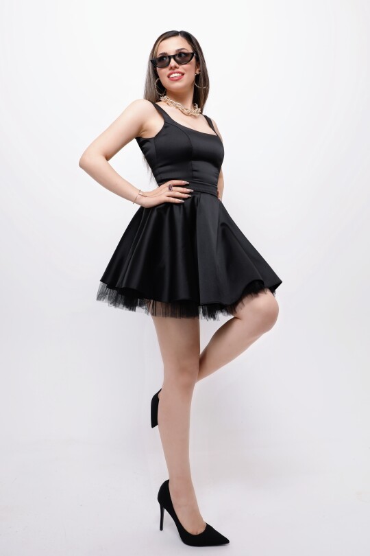 BLACK STRAPPY MINI SATIN DRESS WITH TULLE HEM DETAIL - 3