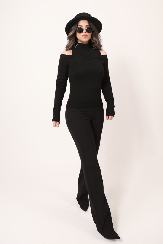 BLACK TURTLENECK OFF-SHOULDER KNIT SWEATER - 3